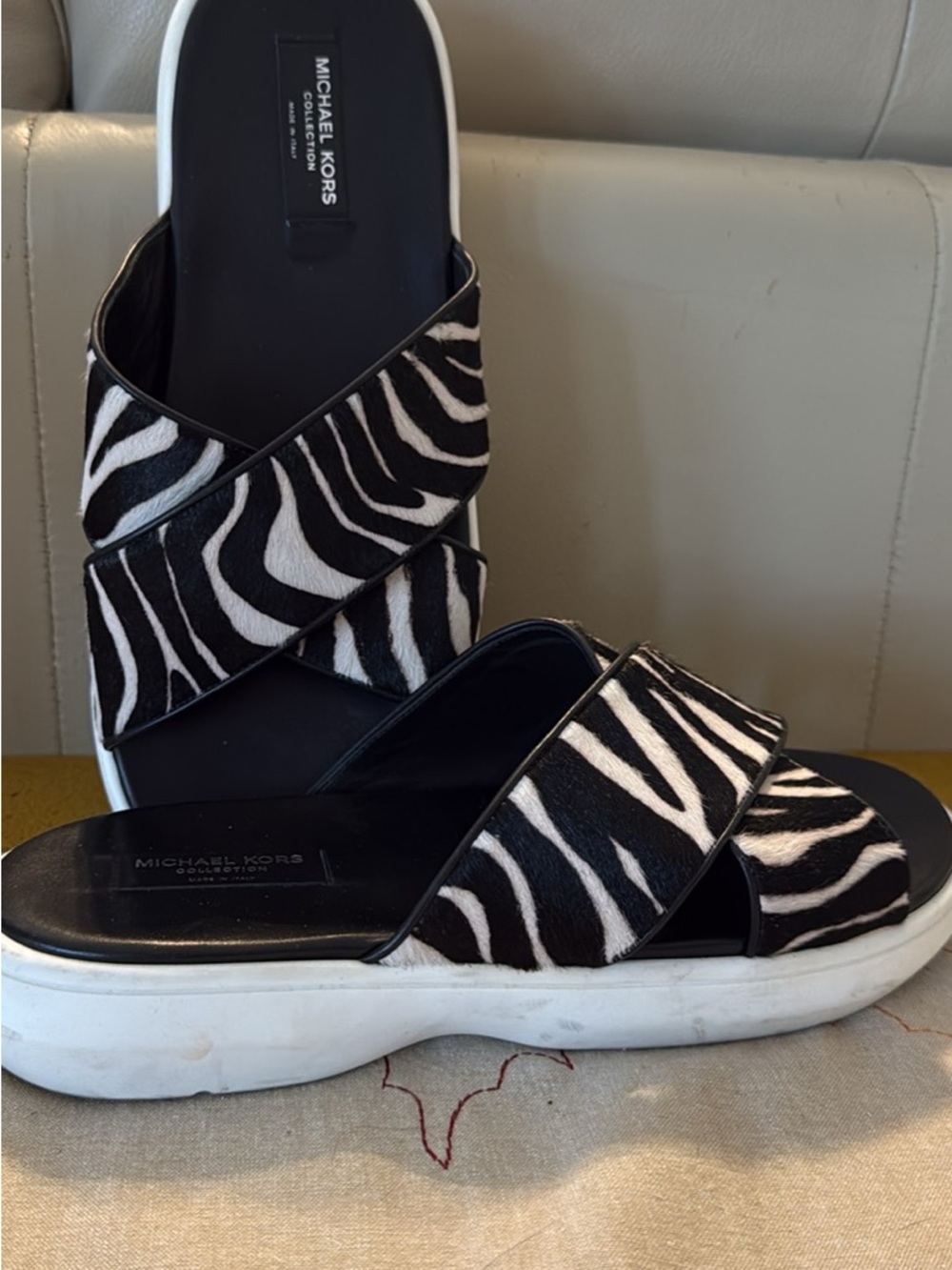 Michael Kors Collection Black and White Zebra Slide Sandals